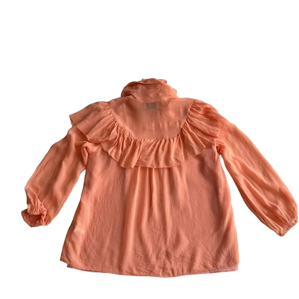 J Crew Silk‎ Chiffon Ruffle Puff Sleeve Tie Neck Girlcore Lined Peach Blouse S
